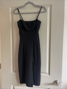 Divided Black Spaghetti Strap Midi Dress with Front Slit